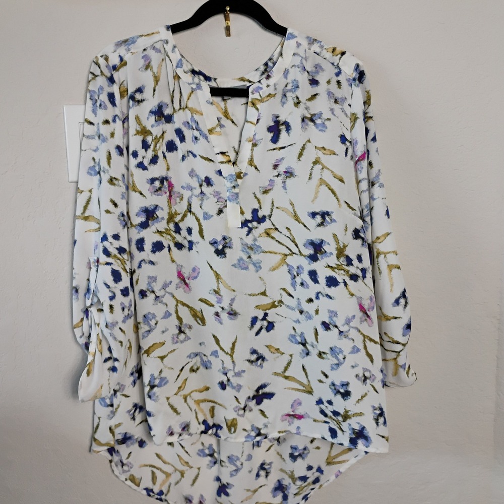 Daniel Rainn Womens XXL Floral Split Neck Roll Tab Sleeve High Low Blouse White